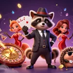 Experience thrilling gameplay with mb66, featuring a raccoon in a suit, royal flush, and casino elements.