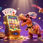 max88 features a thrilling scene of a cartoon dinosaur and casino elements creating joyful chaos in a vibrant casino atmosphere.