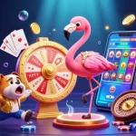 Exciting scene showcasing trang cá cược bóng đá with vibrant game elements, a host flamingo, and an energetic bulldog contestant