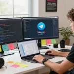 Download Telegram on a developer's workspace with dual monitors showing app interface and coding, coffee and tech paraphernalia around.