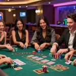 KO66 casino scene featuring friends at a blackjack table amidst lively atmosphere with neon lights.