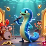 rr88 showcases an electric eel DJ performing in an underwater casino scene full of golden treasures.