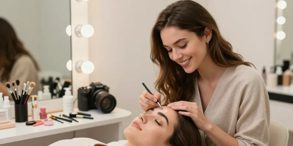 Het aanbrengen van poeder brows in een gezellig beauty studio met een vriendelijke schoonheidsspecialiste.