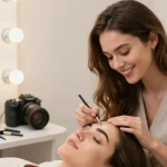 Het aanbrengen van poeder brows in een gezellig beauty studio met een vriendelijke schoonheidsspecialiste.