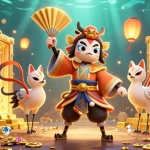 Experience dynamic thrills at nhà cái rr88 with this vibrant casino-themed illustration showcasing a kabuki warrior and kitsune mask.