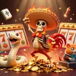 DABET brings excitement as a skeleton mariachi rooster dances on coins amidst dynamic slot elements.