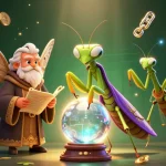 Engage with GG 88's vibrant online casino universe through this animated 3D illustration filled with fortune-telling and crypto elements.