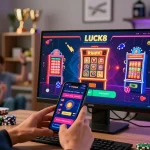 LUCK8 mobile gaming interface with dynamic graphics in an energizing home office setting.