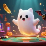 Engage with the best online casino belgie experience through an enchanting 3D illustration of a floating ghost cat, bat companion, and Halloween-themed elements.