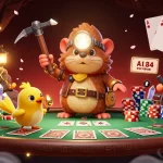 KQBD illustrates a treasure hunter and canary amidst poker elements in a colorful, vibrant casino-inspired scene.