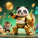 KJC casino characters engaging in gameplay action, featuring neon cryptocurrency elements and interactive game scenes.