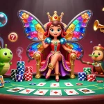 Play Shbet at a vibrant casino scene with a butterfly queen, colorful chips, and slot elements.