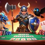 Tải game Sunwin with Viking wolf warrior and fierce dragon at a thrilling poker table