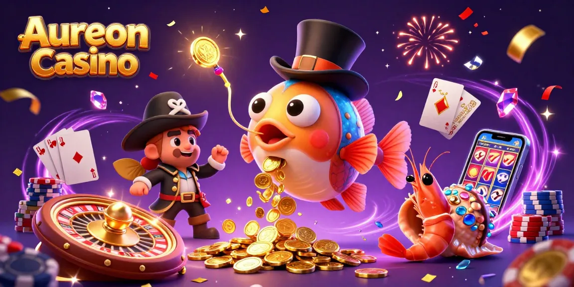 Aureon Casino showcases a vibrant 3D scene with an anglerfish attracting golden coins, symbolizing excitement in gambling.
