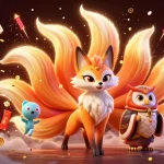 Experience the vibrant world of ginaste ink with a mystical nine-tailed fox and wise owl amidst floating casino elements.