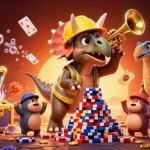 Witness the excitement at viva bong88 as the triceratops builds poker chip towers surrounded by thrilling game elements.