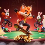 Kuwin1 showcases thrilling gaming with a skateboarder fox and BMX rabbit surrounded by poker chips.