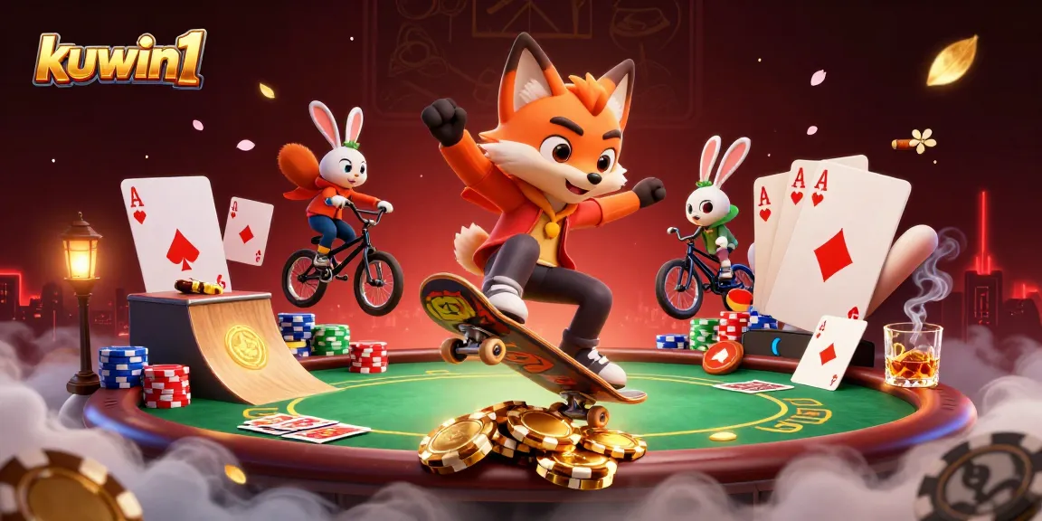 Kuwin1 showcases thrilling gaming with a skateboarder fox and BMX rabbit surrounded by poker chips.