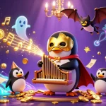 SX88 showcases a vibrant scene of a penguin playing organ, shooting coins amidst lottery excitement.