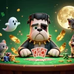 Engage with the phbet platform as a monstrous bulldog dealer surrounded by mystical casino elements.