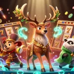 Kuwin offers vibrant 3D scenes with slot reels, gold elements, and Celtic characters floating in a dynamic casino atmosphere.